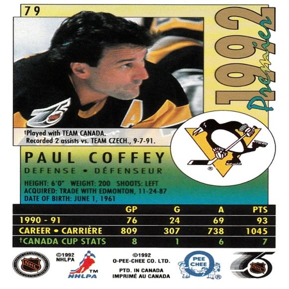 Paul Coffey (Penguins) 1992 O Pee Chee Premier '92 Series Card - Card Number 79 - Picture 2 of 2